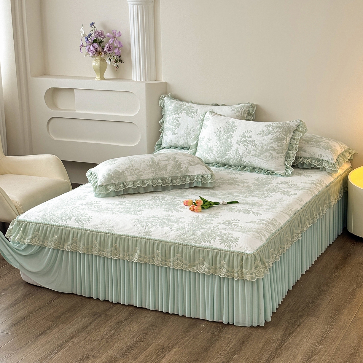 91家纺网 家纺一手货源 找家纺 金艾草 2026春夏新款PE凉感床裙款凉席席子空调软席 清新-绿色