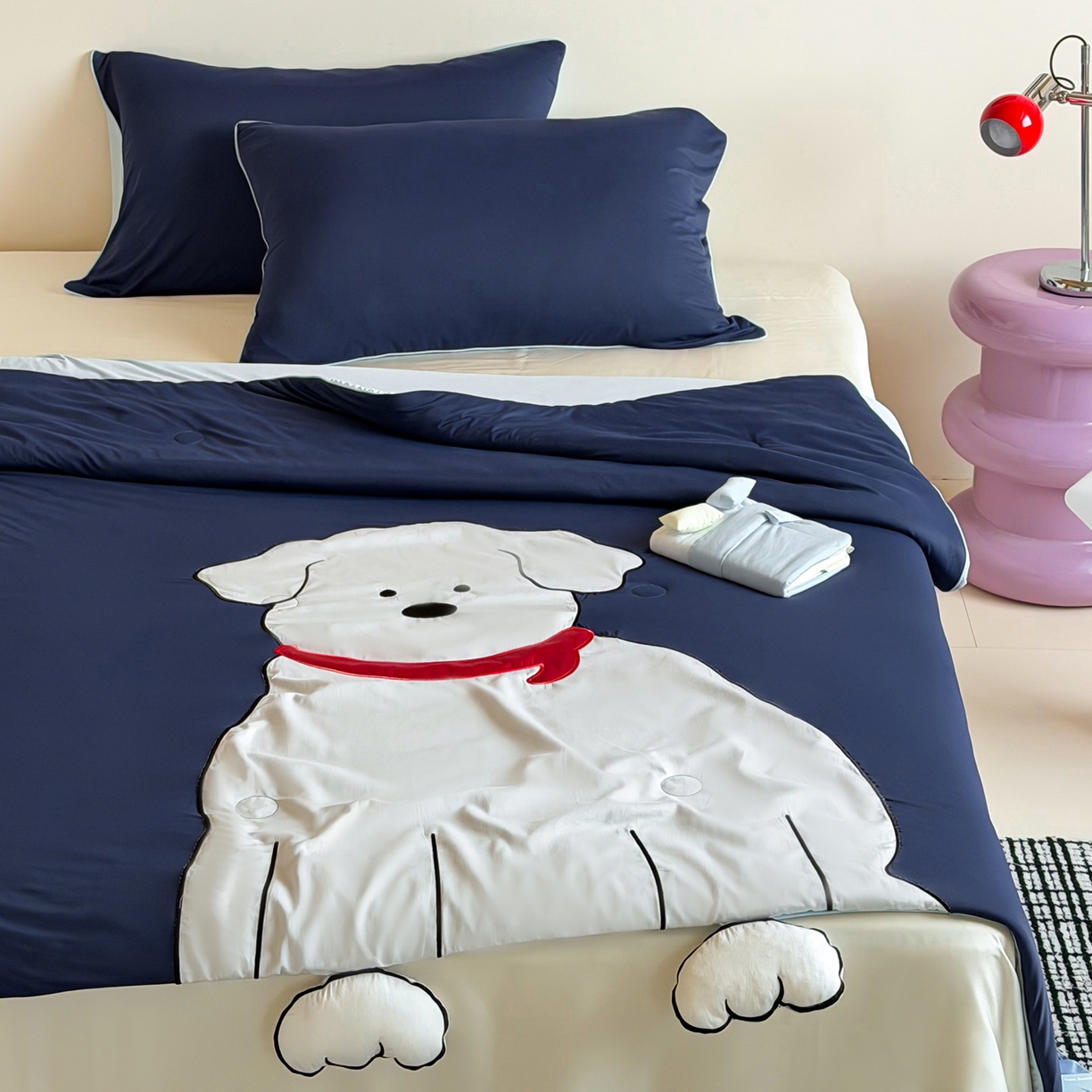 91家纺网 家纺一手货源 找家纺 佳汐蓝家纺 2026新款大版贴布绣花霜呼吸-凉感被夏被夏凉被空调被 围巾小狗