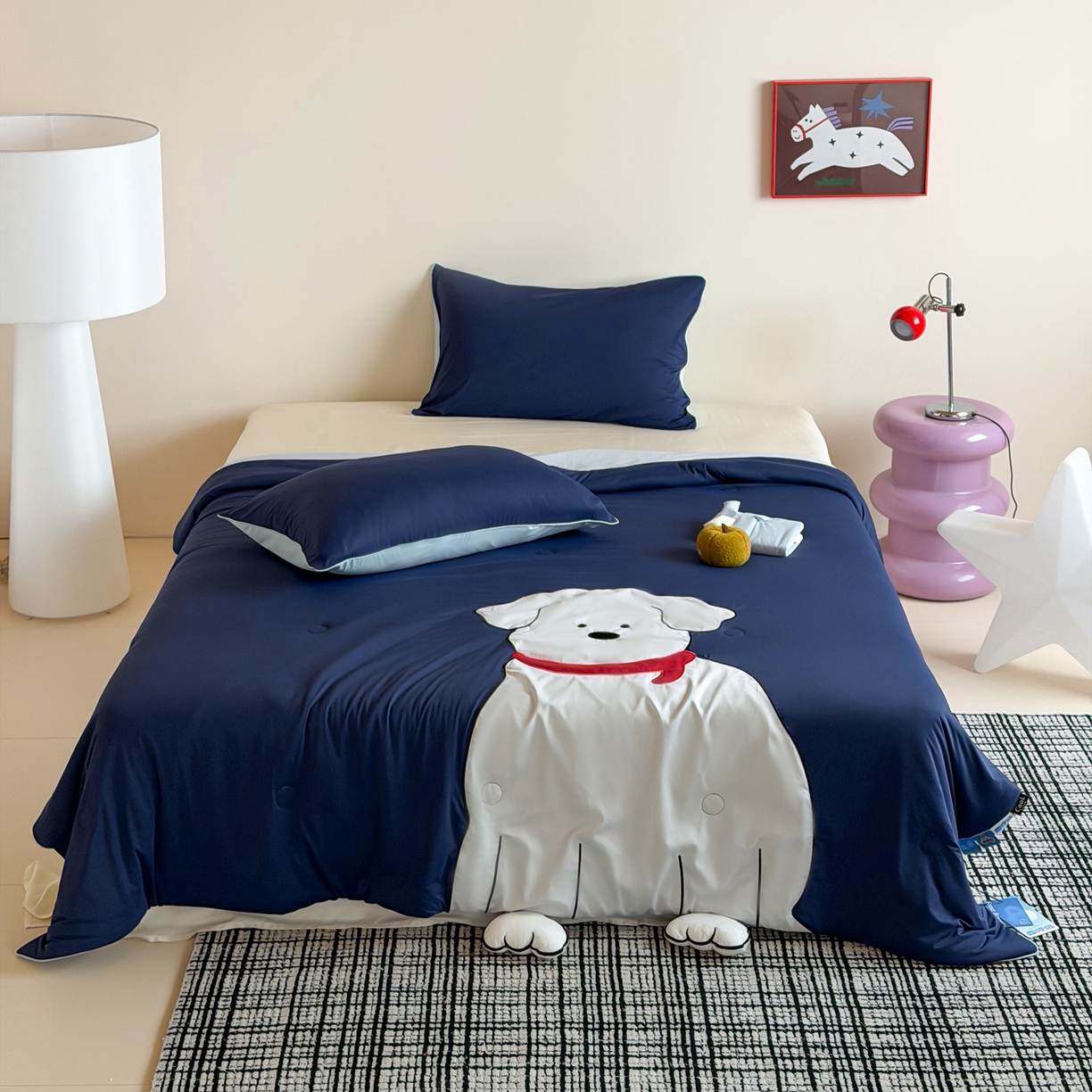 91家纺网 家纺一手货源 找家纺 佳汐蓝家纺 2026新款大版贴布绣花霜呼吸-凉感被夏被夏凉被空调被 围巾小狗