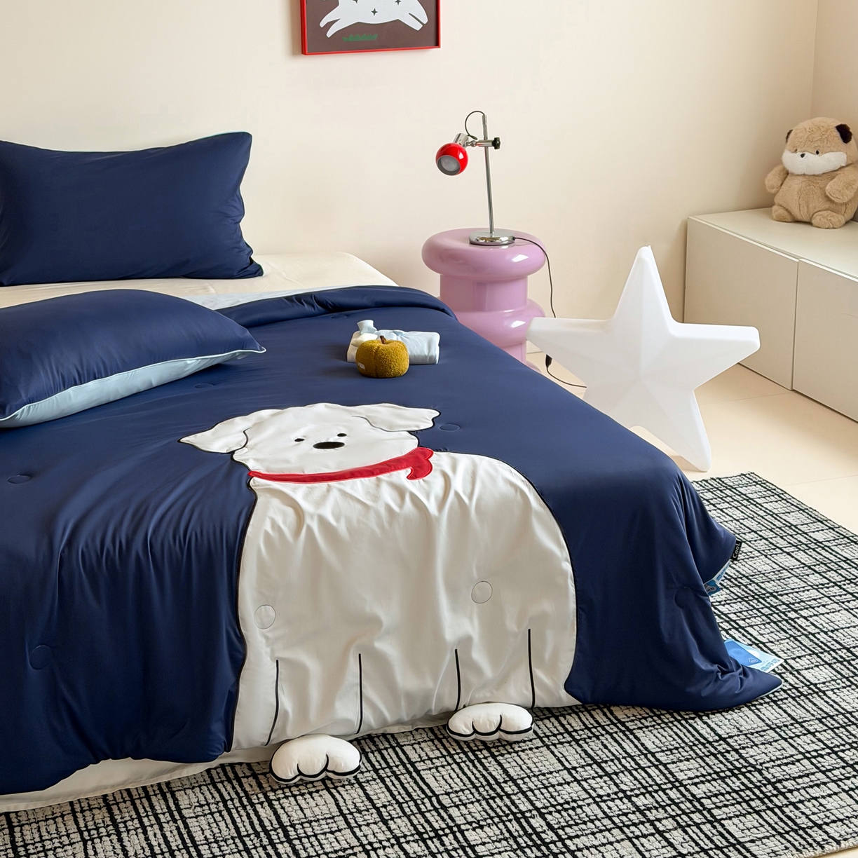 91家纺网 家纺一手货源 找家纺 佳汐蓝家纺 2026新款大版贴布绣花霜呼吸-凉感被夏被夏凉被空调被 围巾小狗