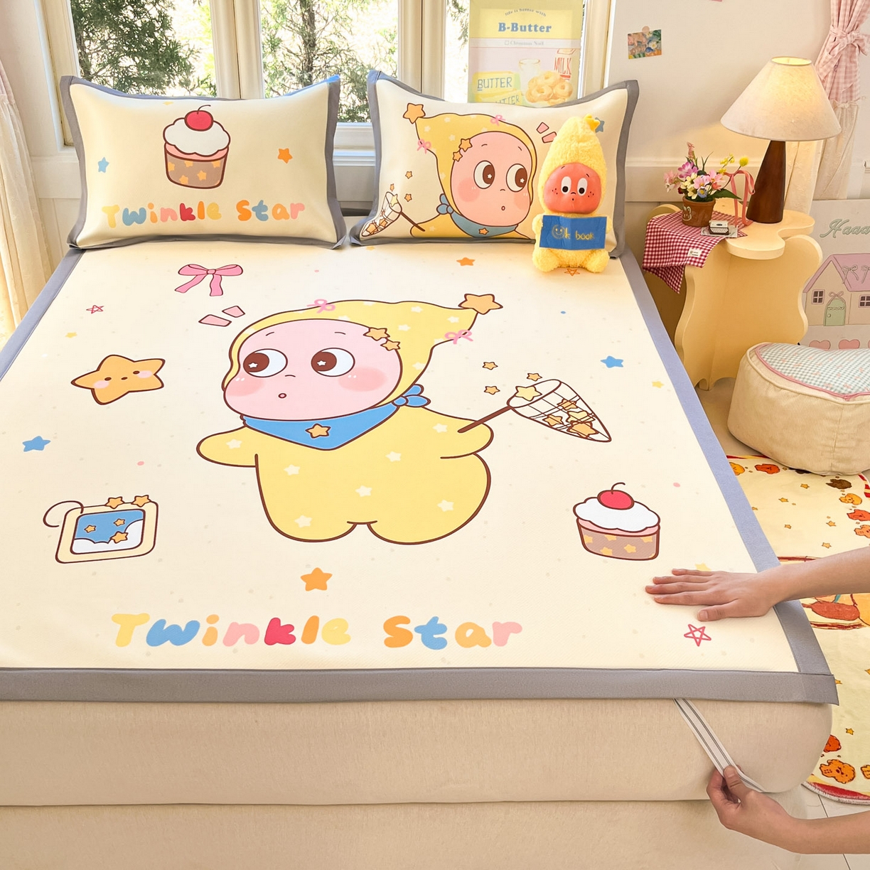 91家纺网 家纺一手货源 找家纺 川悦生活 【提供买家秀】2026新款凉豆豆冰丝大阪卡通凉席 亮星星