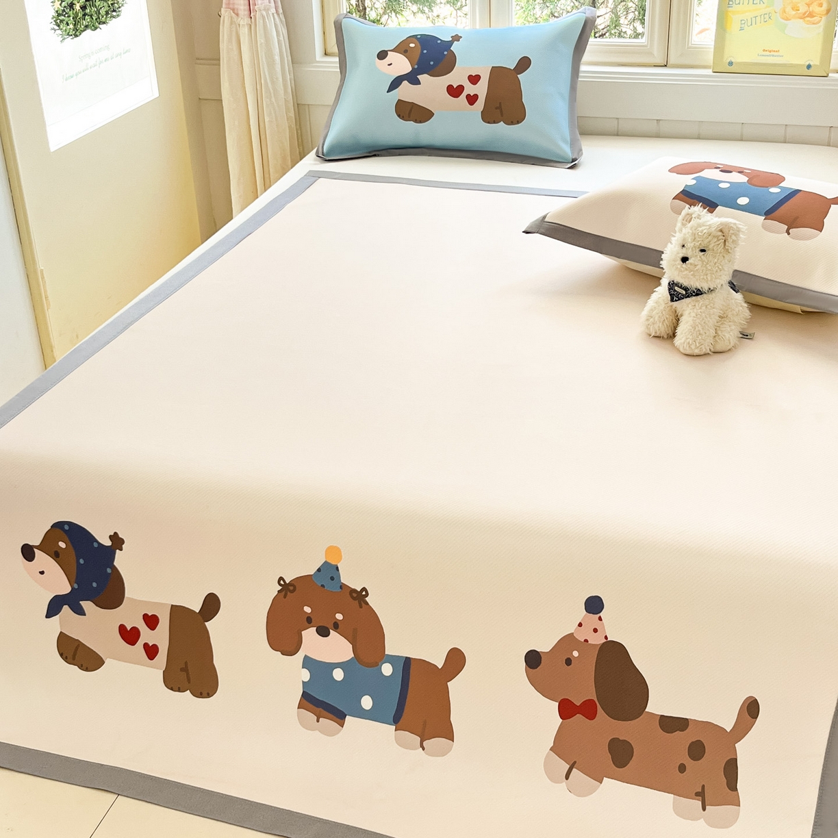 91家纺网 家纺一手货源 找家纺 川悦生活 【提供买家秀】2026新款凉豆豆冰丝大阪卡通凉席 咖啡小狗