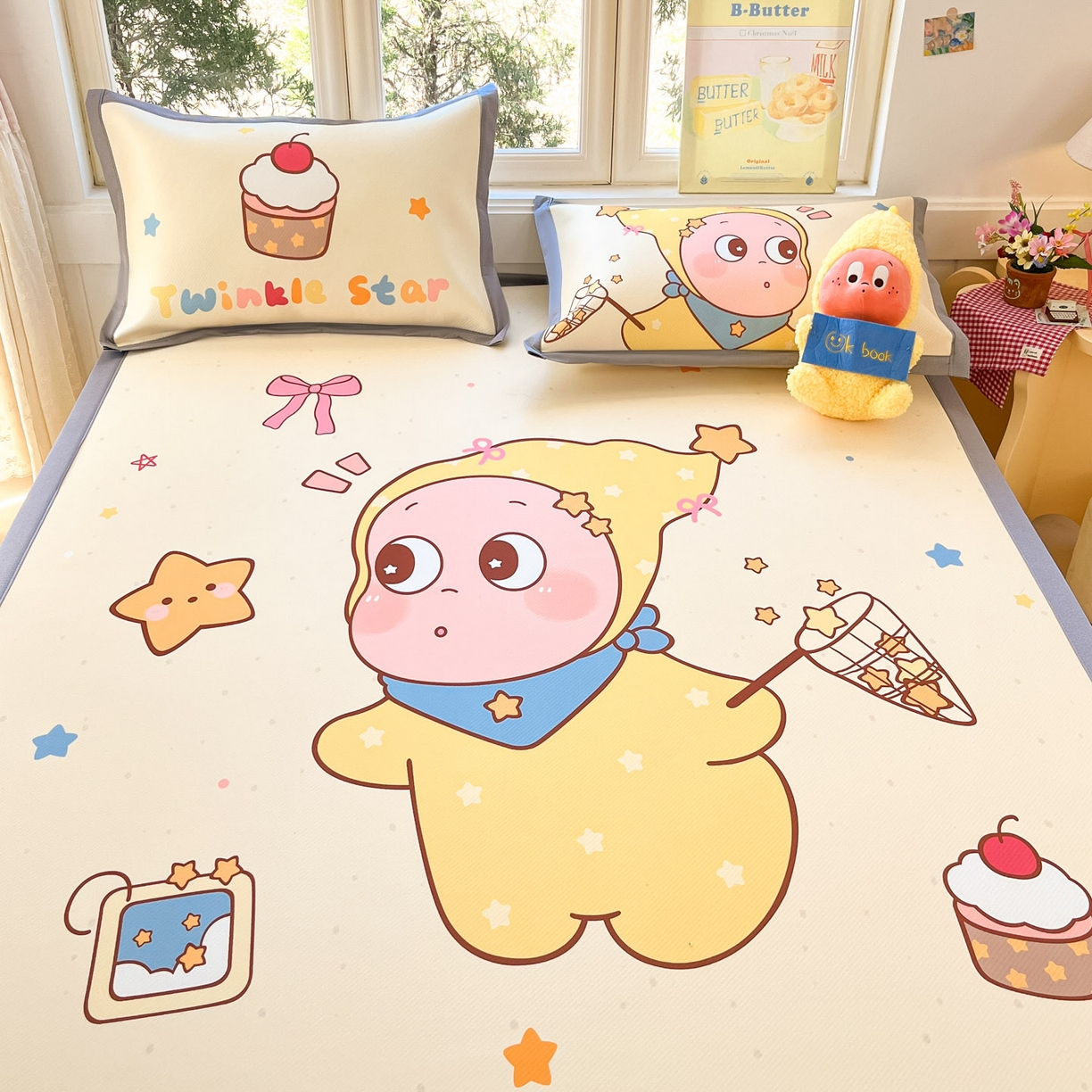 91家纺网 家纺一手货源 找家纺 川悦生活 【提供买家秀】2026新款凉豆豆冰丝大阪卡通凉席 亮星星