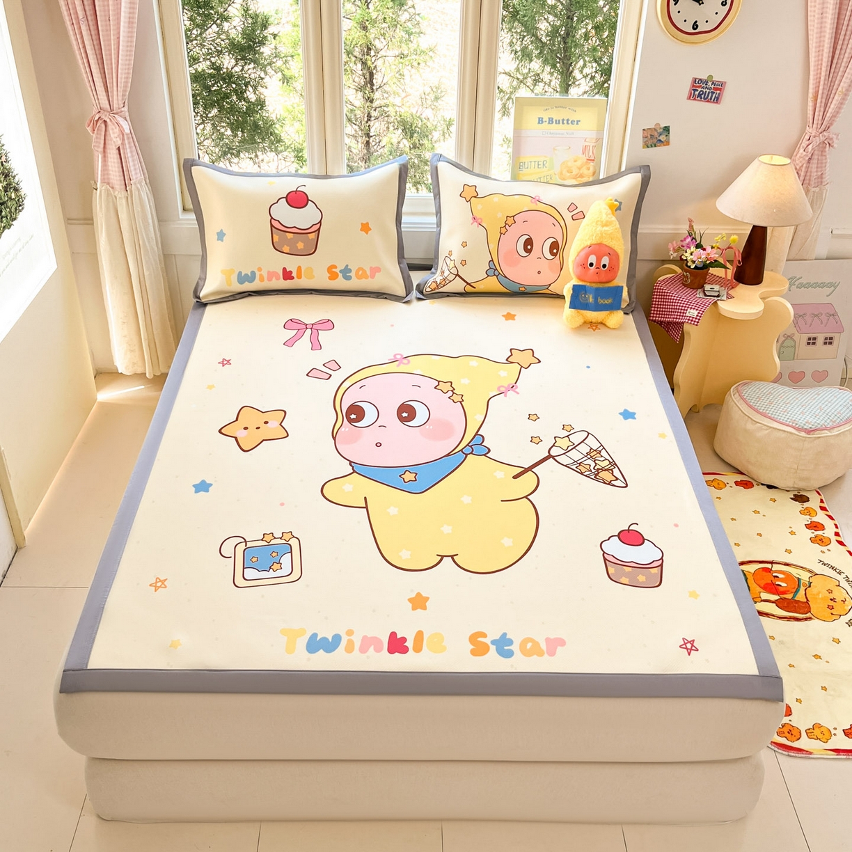 91家纺网 家纺一手货源 找家纺 川悦生活 【提供买家秀】2026新款凉豆豆冰丝大阪卡通凉席 亮星星