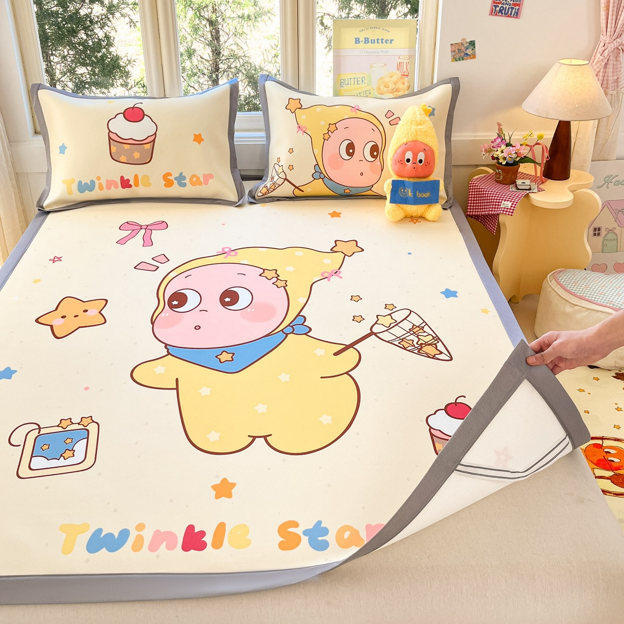 91家纺网 家纺一手货源 找家纺 川悦生活 【提供买家秀】2026新款凉豆豆冰丝大阪卡通凉席 亮星星