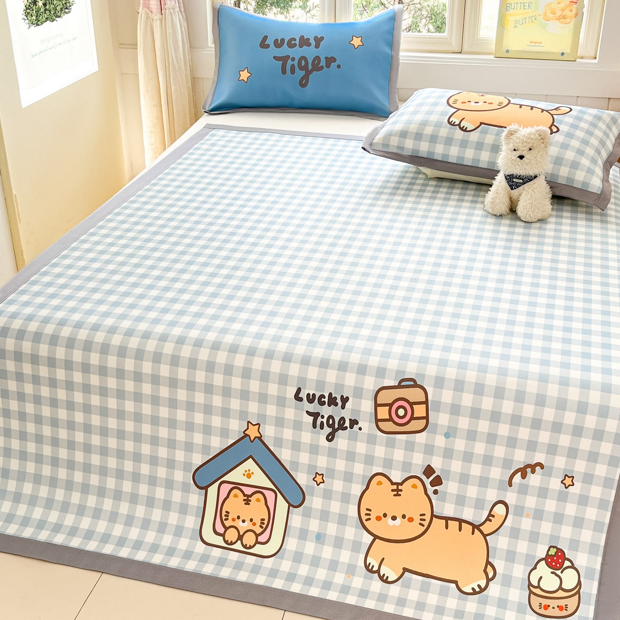 91家纺网 家纺一手货源 找家纺 川悦生活 【提供买家秀】2026新款凉豆豆冰丝大阪卡通凉席 萌萌小奶虎