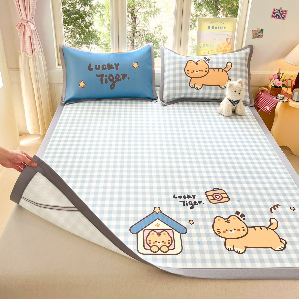 91家纺网 家纺一手货源 找家纺 川悦生活 【提供买家秀】2026新款凉豆豆冰丝大阪卡通凉席 萌萌小奶虎