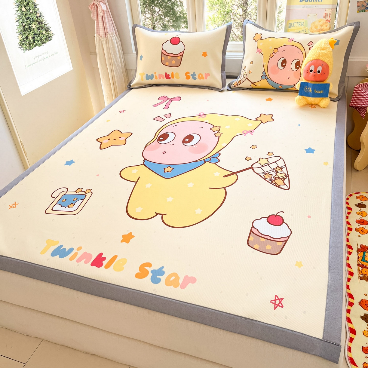 91家纺网 家纺一手货源 找家纺 川悦生活 【提供买家秀】2026新款凉豆豆冰丝大阪卡通凉席 亮星星