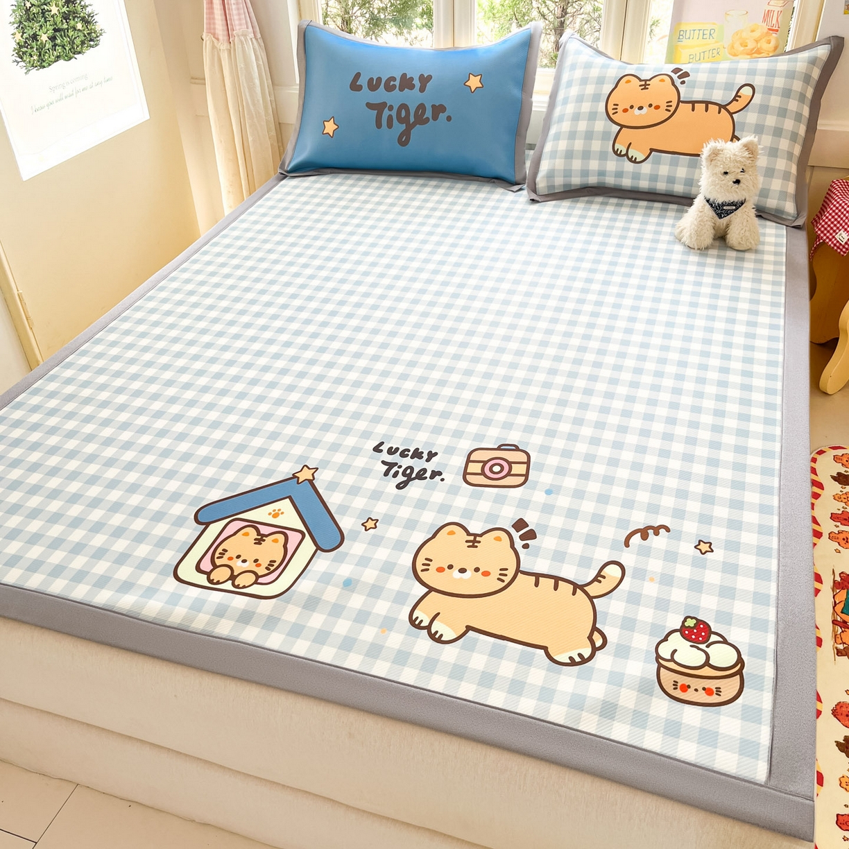 91家纺网 家纺一手货源 找家纺 川悦生活 【提供买家秀】2026新款凉豆豆冰丝大阪卡通凉席 萌萌小奶虎