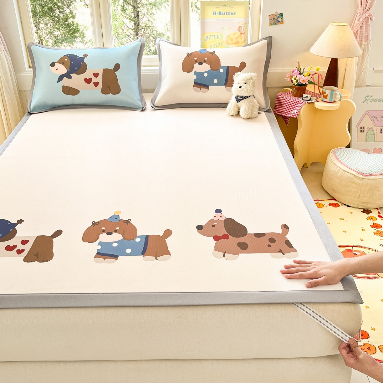 川悦生活 【提供买家秀】2026新款凉豆豆冰丝大阪卡通凉席 咖啡小狗