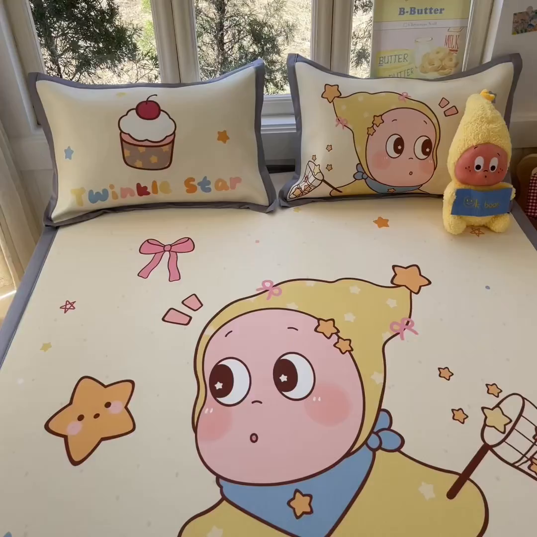 91家纺网 家纺一手货源 找家纺 川悦生活 【提供买家秀】2026新款凉豆豆冰丝大阪卡通凉席 亮星星