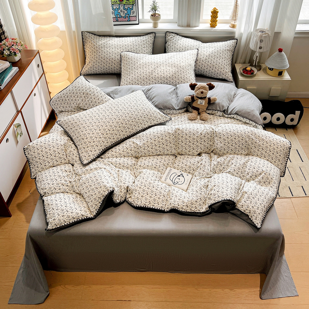 91家纺网 家纺一手货源 找家纺 顾里家纺 2026新款春日碎花贝壳针泡芙棉四件套 赫本花园