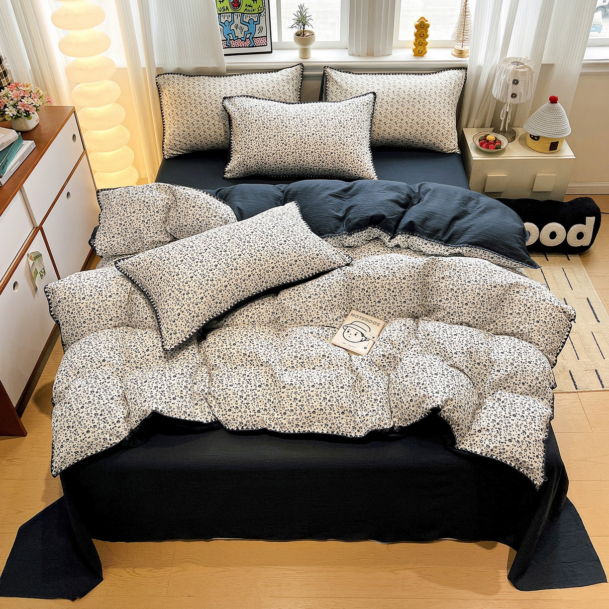 91家纺网 家纺一手货源 找家纺 顾里家纺 2026新款春日碎花贝壳针泡芙棉四件套 染夏清梦