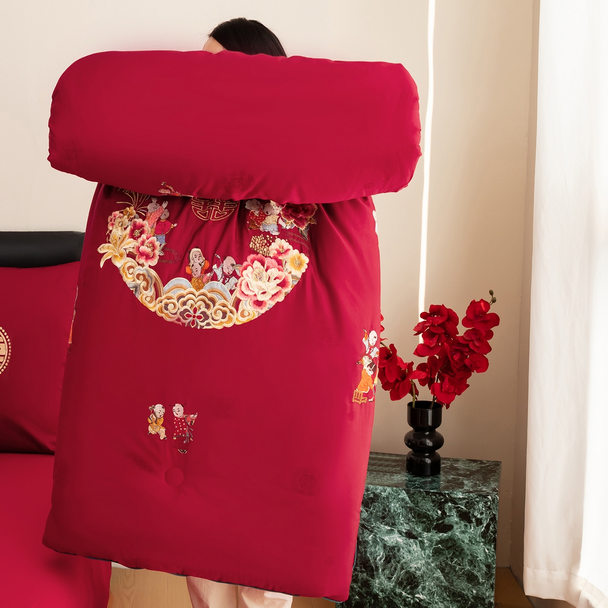 91家纺网 家纺一手货源 找家纺 甜咪咪婚庆 2026新款婚庆结婚全棉50双股100支长绒棉提花喜被被芯四季被 喜迎百子