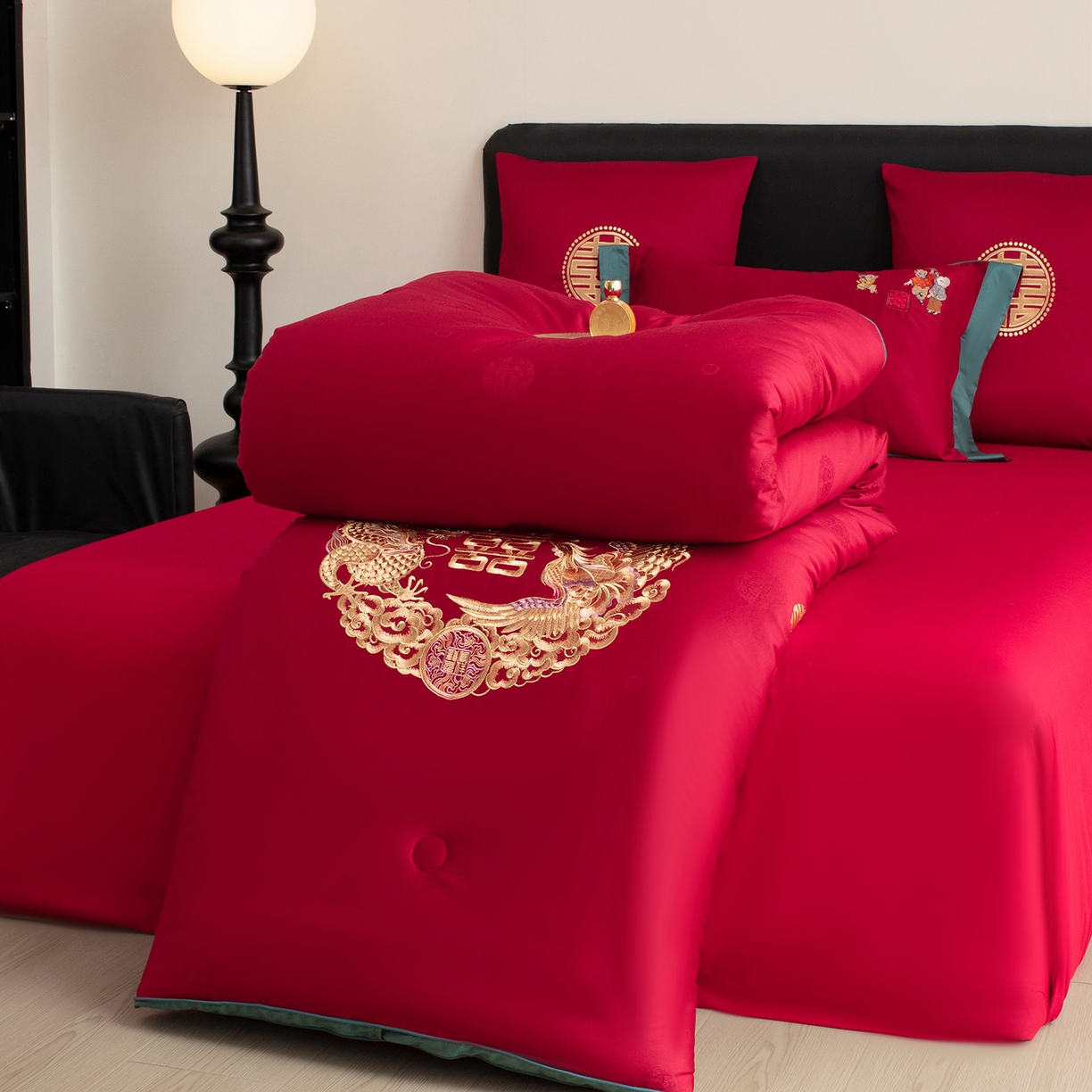 91家纺网 家纺一手货源 找家纺 甜咪咪婚庆 2026新款婚庆结婚全棉50双股100支长绒棉提花喜被被芯四季被 龙凤团圆