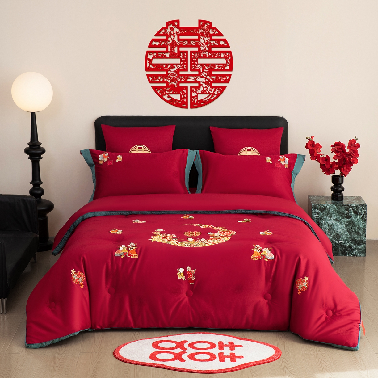 91家纺网 家纺一手货源 找家纺 甜咪咪婚庆 2026新款婚庆结婚全棉50双股100支长绒棉提花喜被被芯四季被 喜迎百子