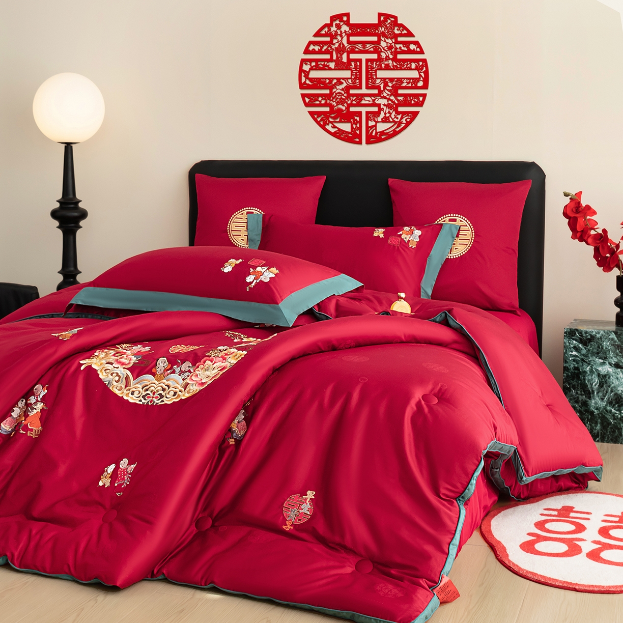 91家纺网 家纺一手货源 找家纺 甜咪咪婚庆 2026新款婚庆结婚全棉50双股100支长绒棉提花喜被被芯四季被 喜迎百子