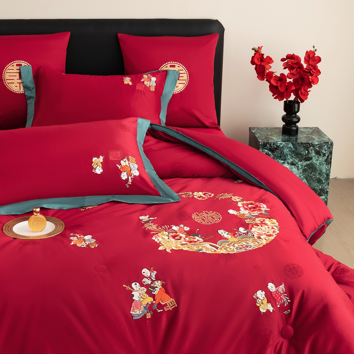 91家纺网 家纺一手货源 找家纺 甜咪咪婚庆 2026新款婚庆结婚全棉50双股100支长绒棉提花喜被被芯四季被 喜迎百子