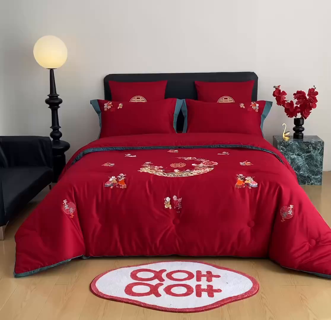 91家纺网 家纺一手货源 找家纺 甜咪咪婚庆 2026新款婚庆结婚全棉50双股100支长绒棉提花喜被被芯四季被 喜迎百子