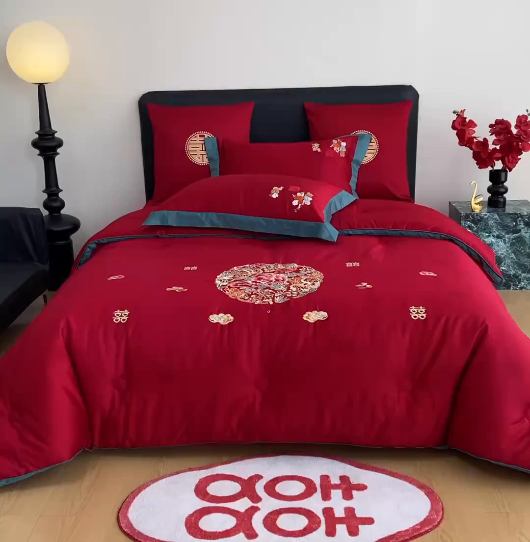 91家纺网 家纺一手货源 找家纺 甜咪咪婚庆 2026新款婚庆结婚全棉50双股100支长绒棉提花喜被被芯四季被 圆圆满满