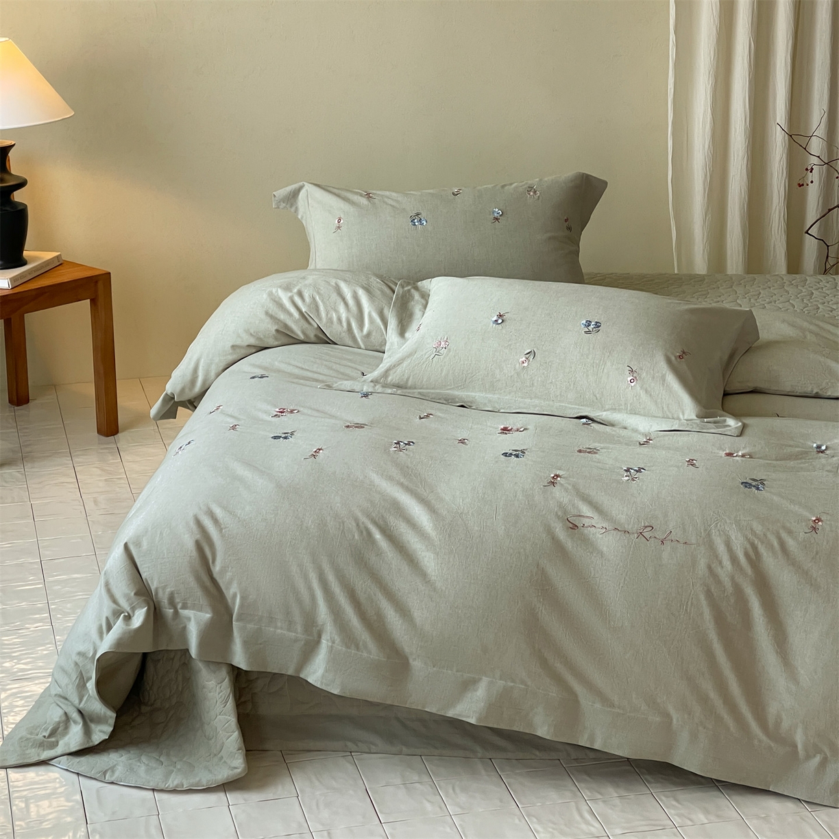 名品优仓 2026春夏新款棉麻刺绣四件套-摩尔庄园 摩尔庄园一绿