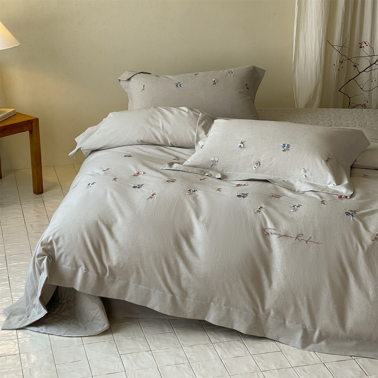 名品优仓 2026春夏新款棉麻刺绣四件套-摩尔庄园 摩尔庄园一灰