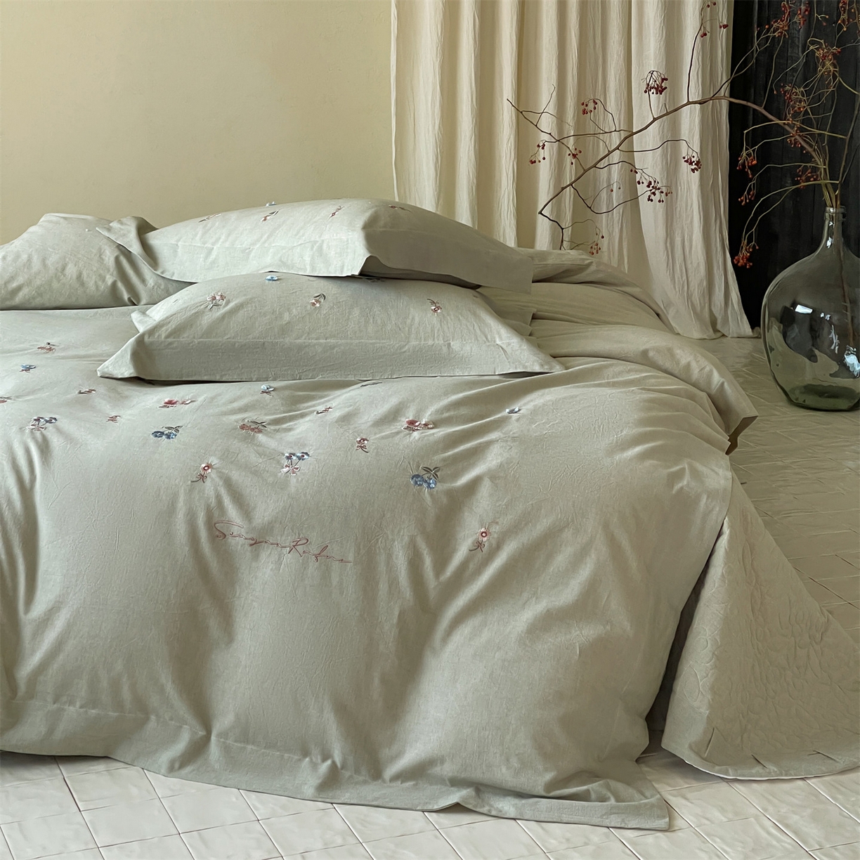 91家纺网 家纺一手货源 找家纺 名品优仓 2026春夏新款棉麻刺绣四件套-摩尔庄园 摩尔庄园一绿