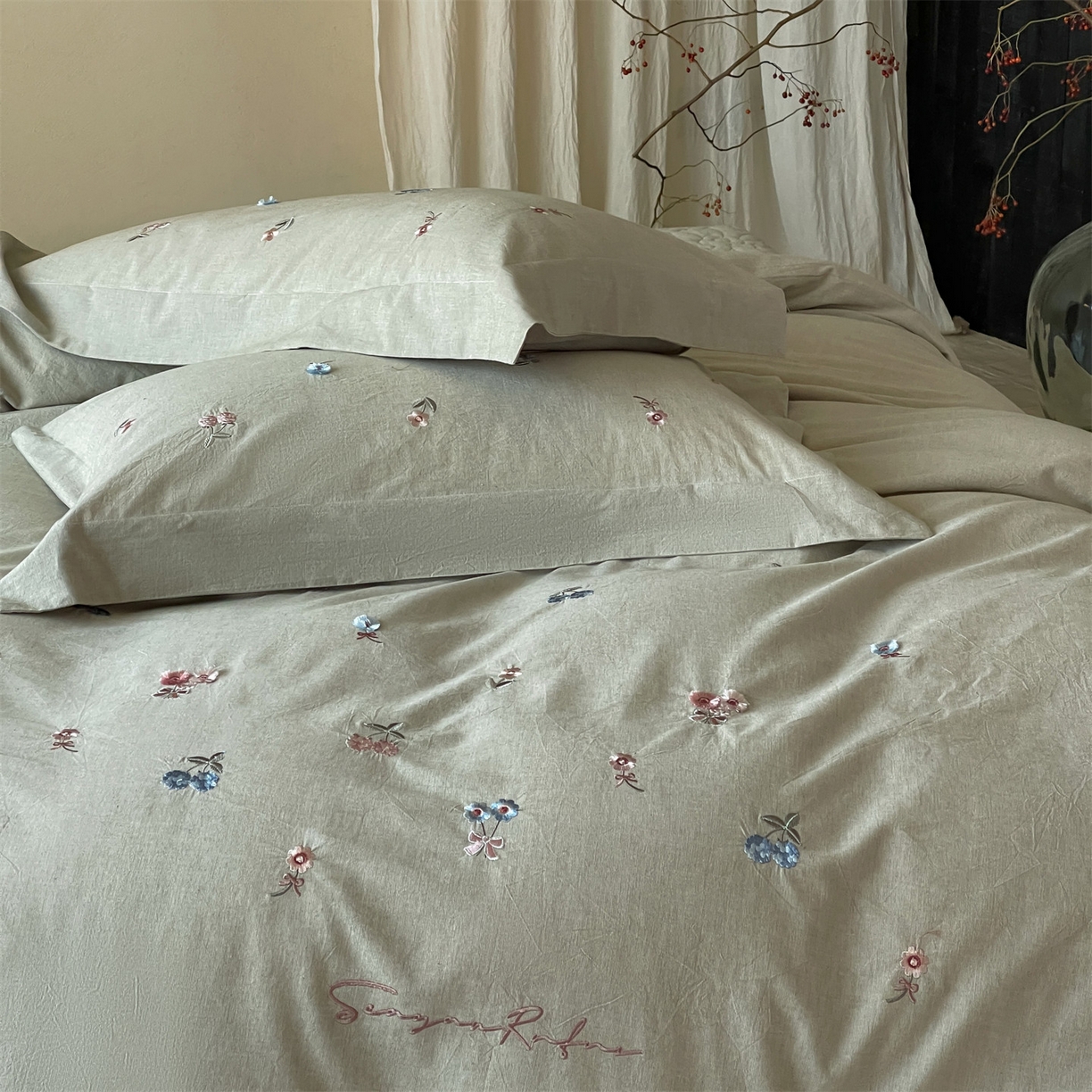 91家纺网 家纺一手货源 找家纺 名品优仓 2026春夏新款棉麻刺绣四件套-摩尔庄园 摩尔庄园一绿