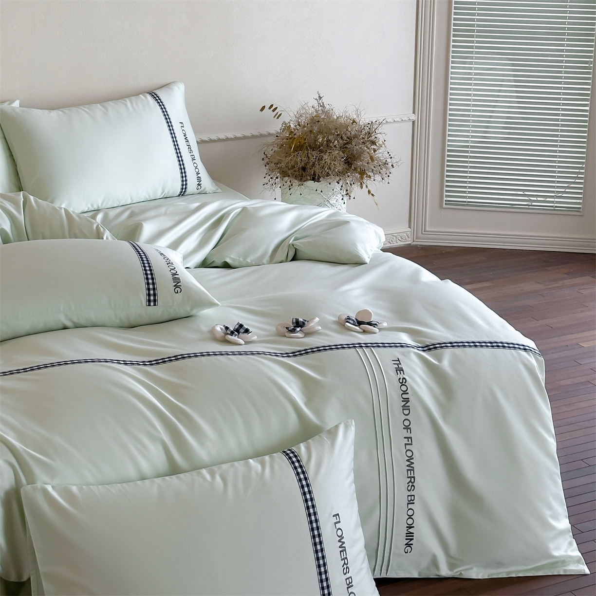 91家纺网 家纺一手货源 找家纺 名品优仓 2026春夏新款新疆长绒棉纯棉刺绣四件套-魅朵 魅朵一清新绿