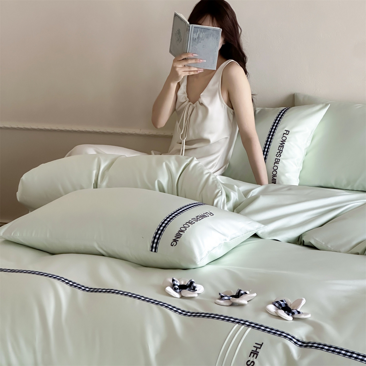 91家纺网 家纺一手货源 找家纺 名品优仓 2026春夏新款新疆长绒棉纯棉刺绣四件套-魅朵 魅朵一清新绿