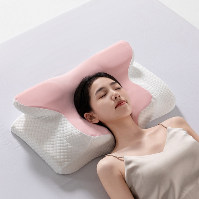 初铭记忆枕 2026新款跨境支撑性牛角枕飞机枕碟形枕枕头慢回弹枕芯 粉色