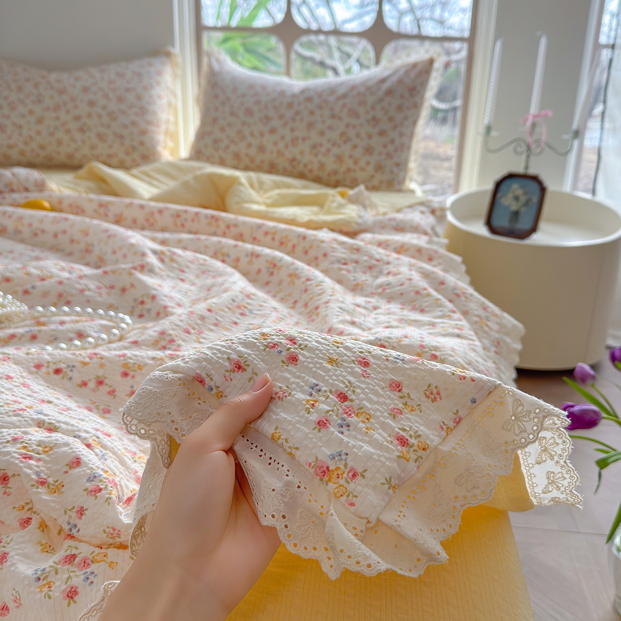 91家纺网 家纺一手货源 找家纺 （总）竹合家纺 2026新品泡芙纱夏被四件套全棉镂空花边泡泡皱皱纱夏凉被