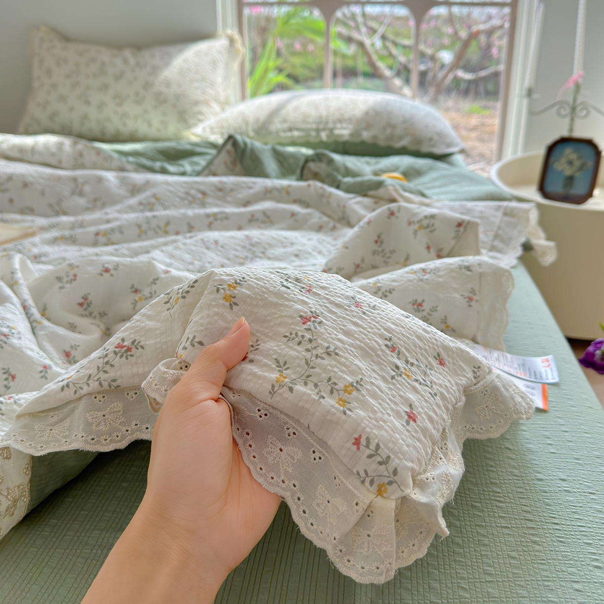 91家纺网 家纺一手货源 找家纺 （总）竹合家纺 2026新品泡芙纱夏被四件套全棉镂空花边泡泡皱皱纱夏凉被
