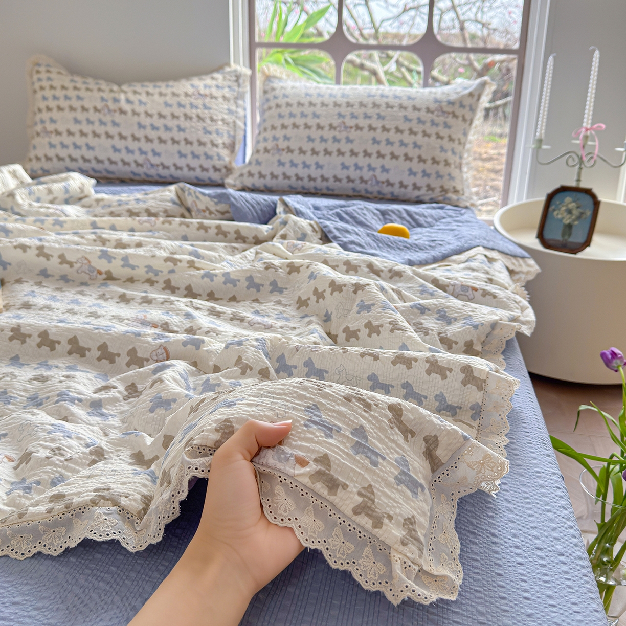 91家纺网 家纺一手货源 找家纺 （总）竹合家纺 2026新品泡芙纱夏被四件套全棉镂空花边泡泡皱皱纱夏凉被