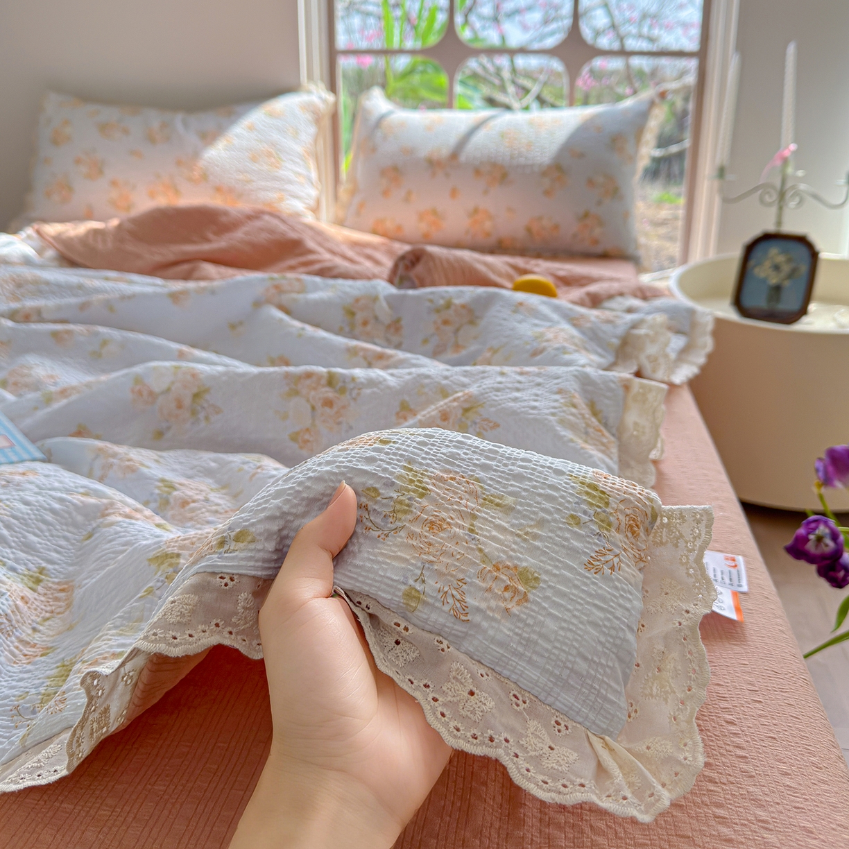 91家纺网 家纺一手货源 找家纺 （总）竹合家纺 2026新品泡芙纱夏被四件套全棉镂空花边泡泡皱皱纱夏凉被