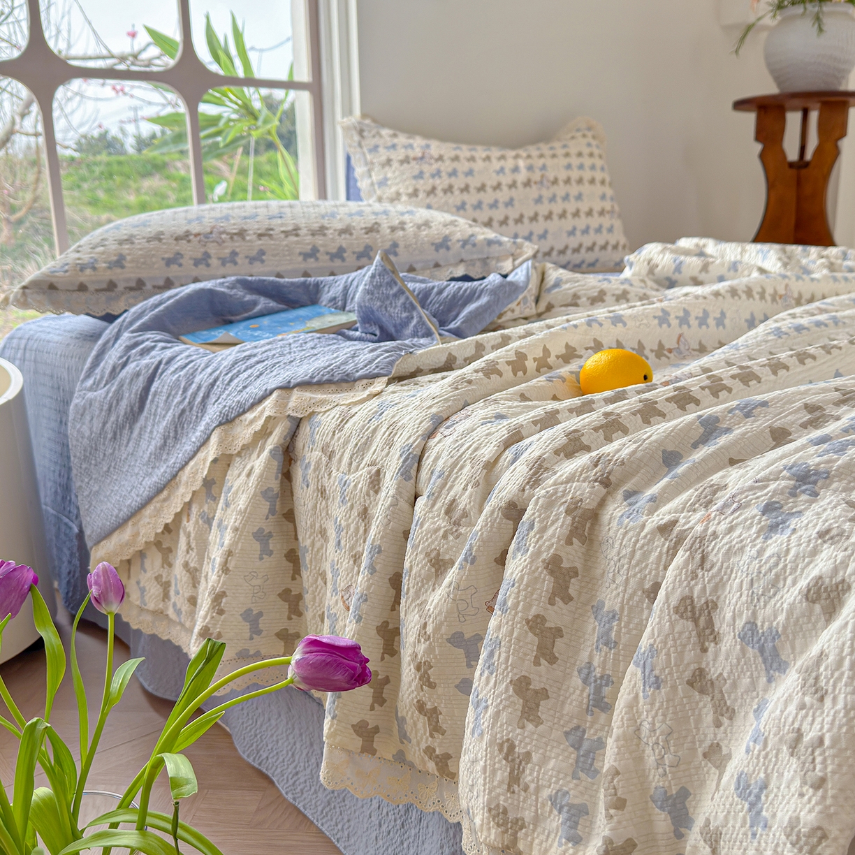 91家纺网 家纺一手货源 找家纺 竹合家纺 2026新品泡芙纱夏被四件套全棉镂空花边泡泡皱皱纱夏凉被 马上有钱