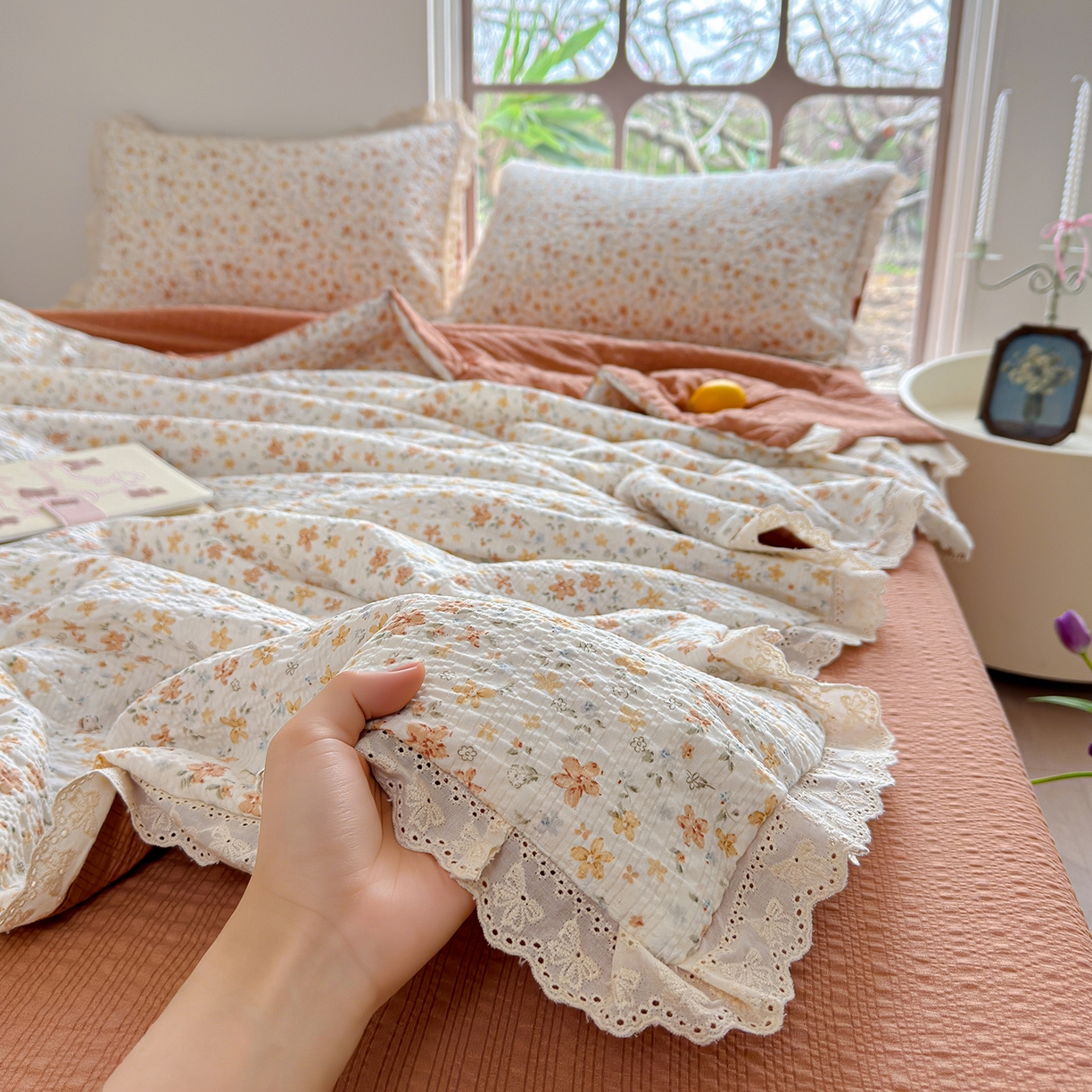 竹合家纺 2026新品泡芙纱夏被四件套全棉镂空花边泡泡皱皱纱夏凉被 杏花微雨