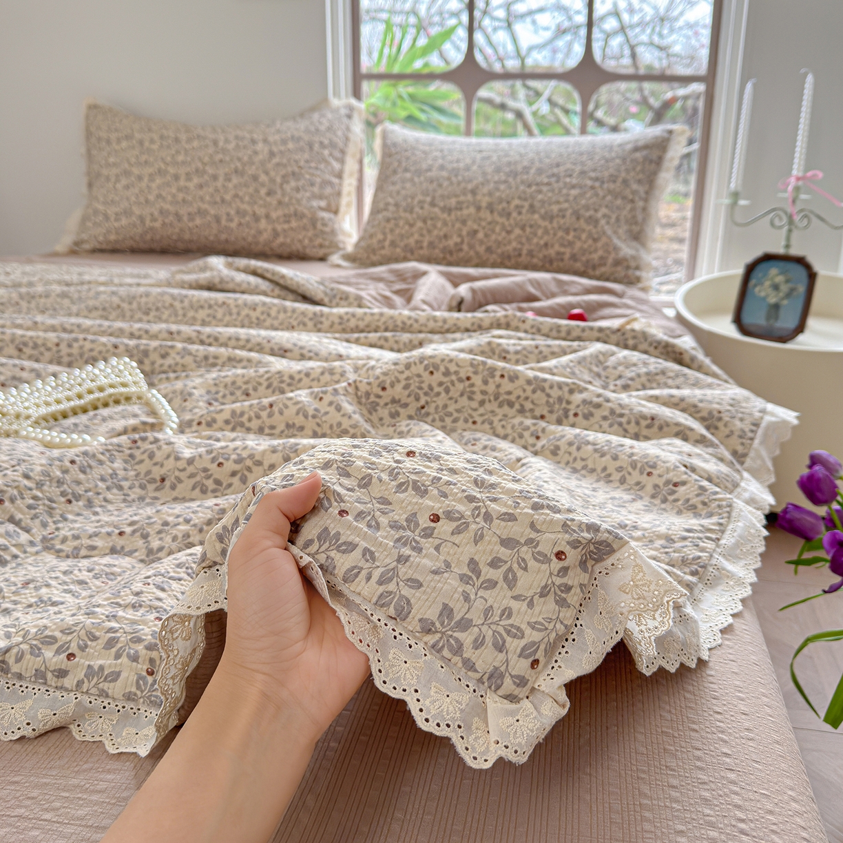 竹合家纺 2026新品泡芙纱夏被四件套全棉镂空花边泡泡皱皱纱夏凉被 秋实