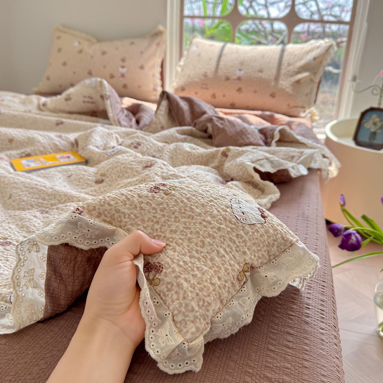 竹合家纺 2026新品泡芙纱夏被四件套全棉镂空花边泡泡皱皱纱夏凉被 豹纹喵