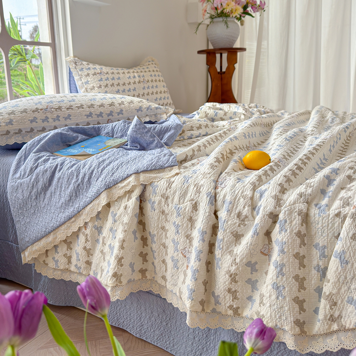 91家纺网 家纺一手货源 找家纺 竹合家纺 2026新品泡芙纱夏被四件套全棉镂空花边泡泡皱皱纱夏凉被 马上有钱