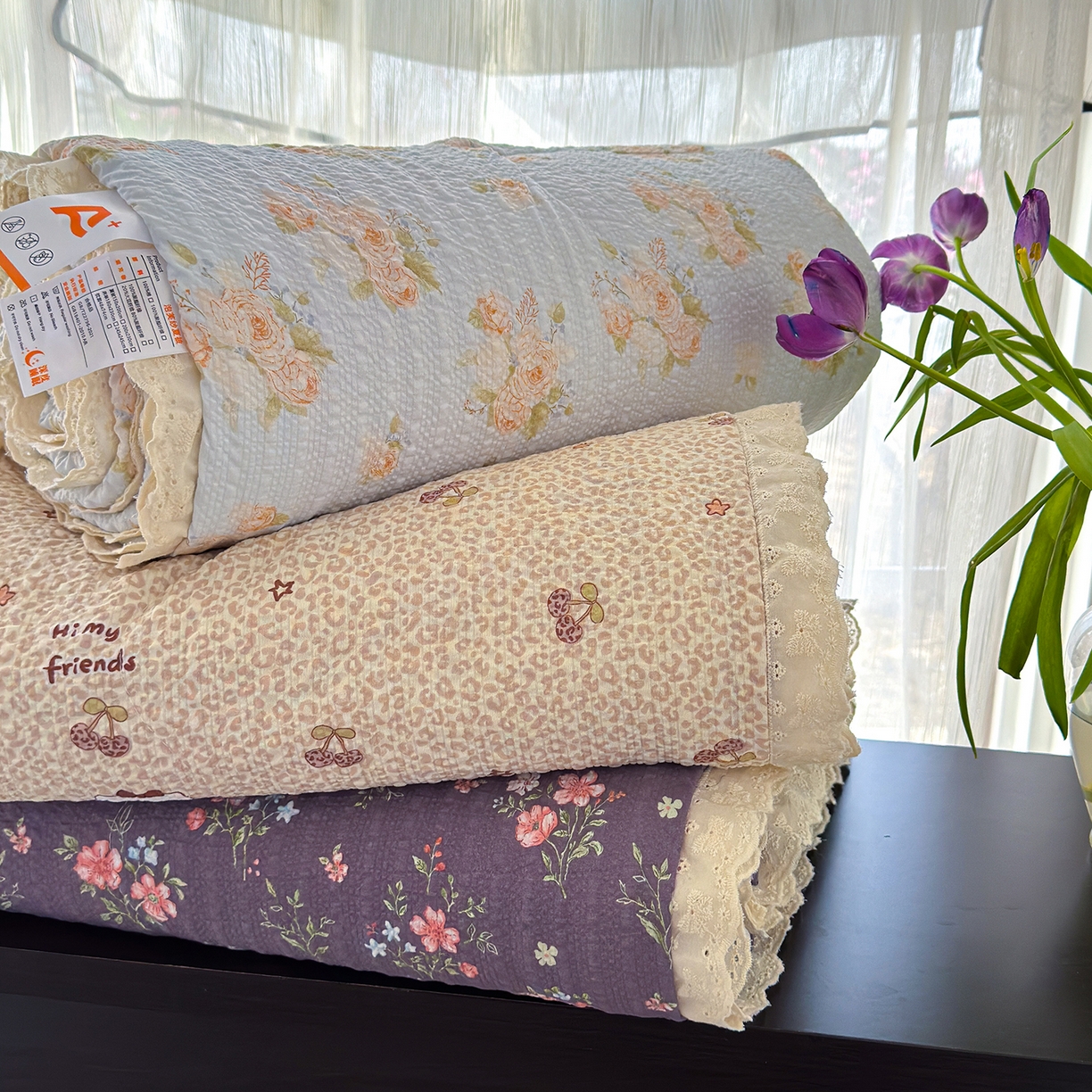 91家纺网 家纺一手货源 找家纺 竹合家纺 2026新品泡芙纱夏被四件套全棉镂空花边泡泡皱皱纱夏凉被 组合图