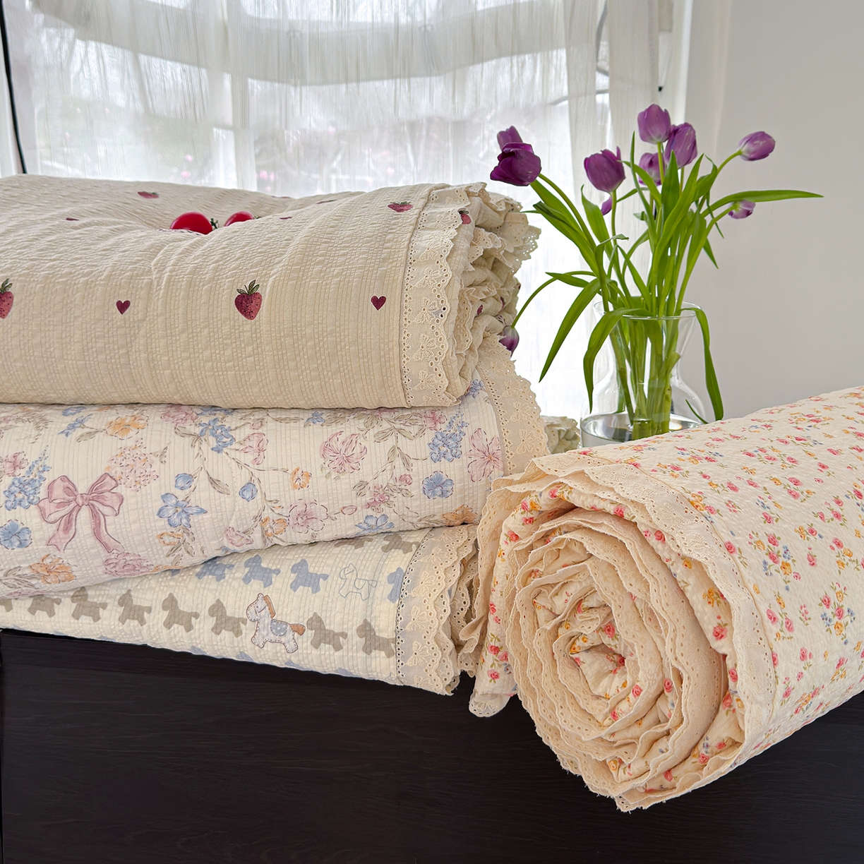 91家纺网 家纺一手货源 找家纺 竹合家纺 2026新品泡芙纱夏被四件套全棉镂空花边泡泡皱皱纱夏凉被 组合图