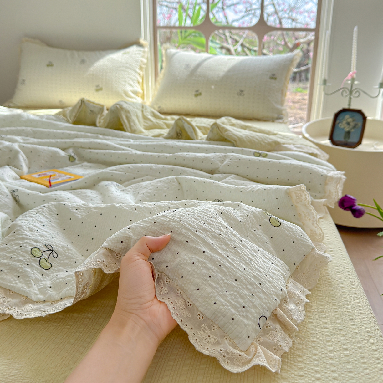 竹合家纺 2026新品泡芙纱夏被四件套全棉镂空花边泡泡皱皱纱夏凉被 樱桃波波