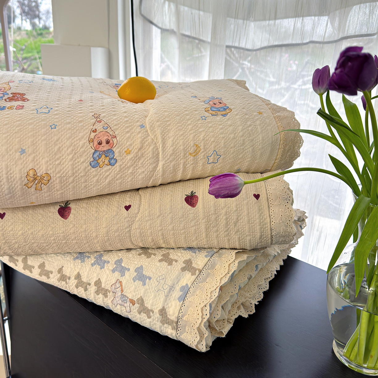 91家纺网 家纺一手货源 找家纺 竹合家纺 2026新品泡芙纱夏被四件套全棉镂空花边泡泡皱皱纱夏凉被 组合图