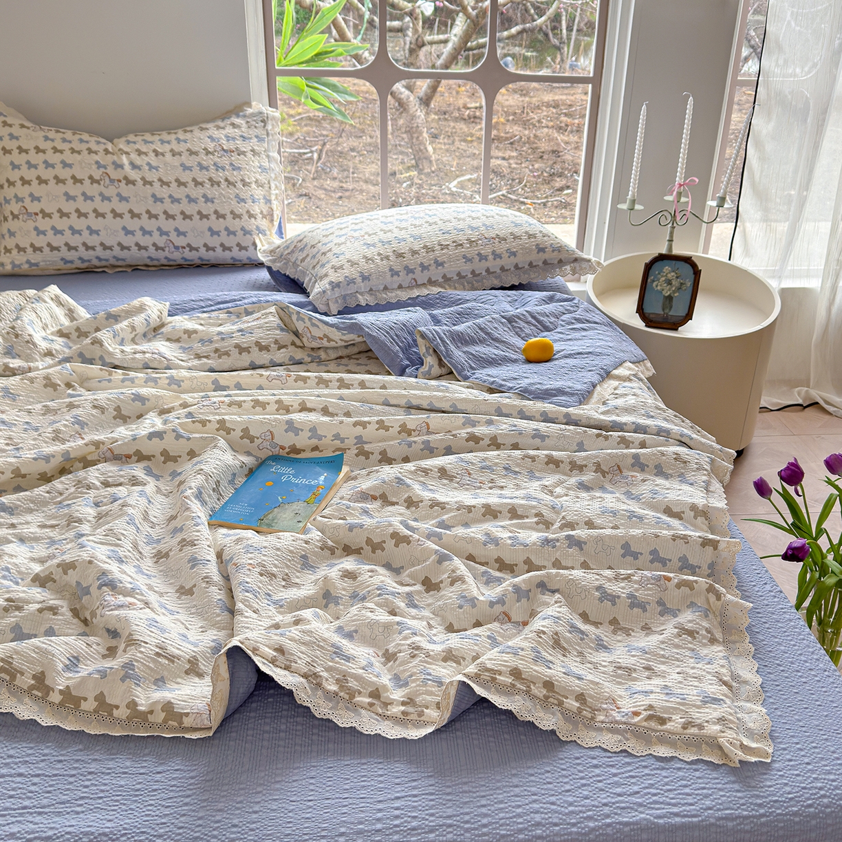 91家纺网 家纺一手货源 找家纺 竹合家纺 2026新品泡芙纱夏被四件套全棉镂空花边泡泡皱皱纱夏凉被 马上有钱