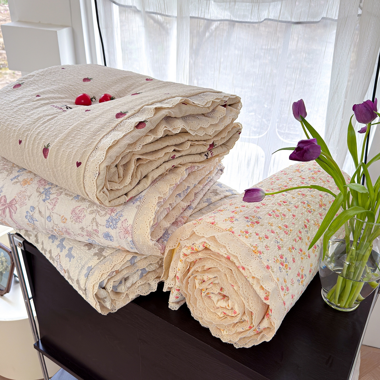 91家纺网 家纺一手货源 找家纺 竹合家纺 2026新品泡芙纱夏被四件套全棉镂空花边泡泡皱皱纱夏凉被 组合图