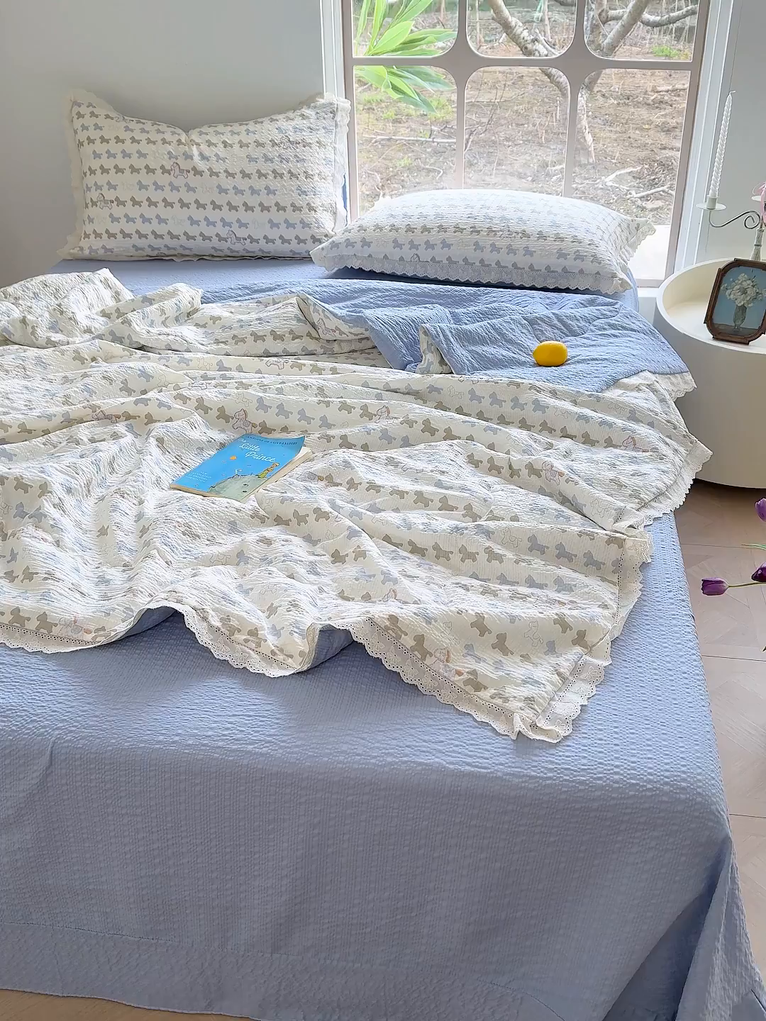 91家纺网 家纺一手货源 找家纺 竹合家纺 2026新品泡芙纱夏被四件套全棉镂空花边泡泡皱皱纱夏凉被 马上有钱