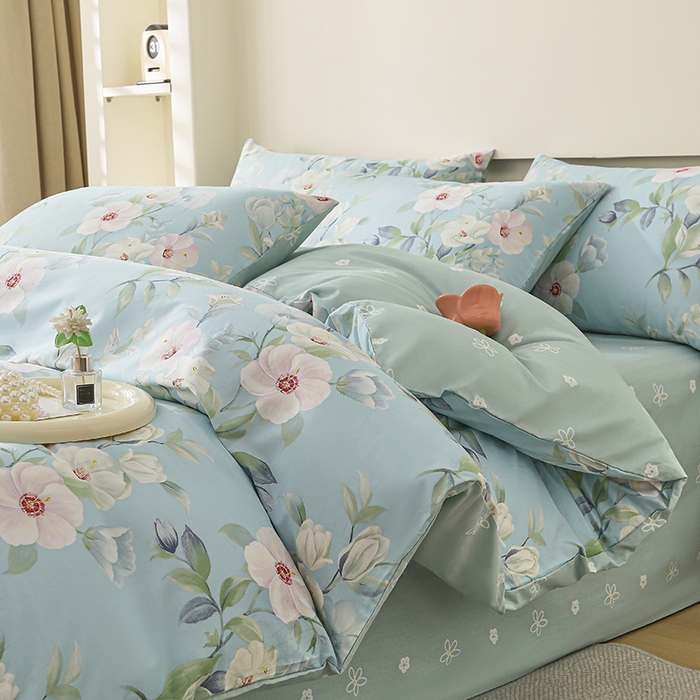 91家纺网 家纺一手货源 找家纺 宇彬家纺 2026直播新款13372A类全棉纯棉印花床单床笠款四件套和单被套喷气清新简约 颜礼-蓝