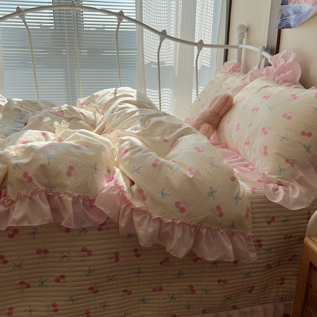 91家纺网 家纺一手货源 找家纺 （总）繁花家居 2026新款木棉泡芙感超糯叽叽花边床盖夏被四件套