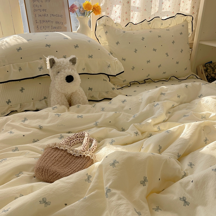 91家纺网 家纺一手货源 找家纺 繁花家居 2026新款木棉泡芙感超糯叽叽花边床盖夏被四件套 蝴蝶梦境